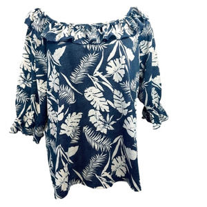 XL Floral Off-Shoulder Blouse - Blue and White